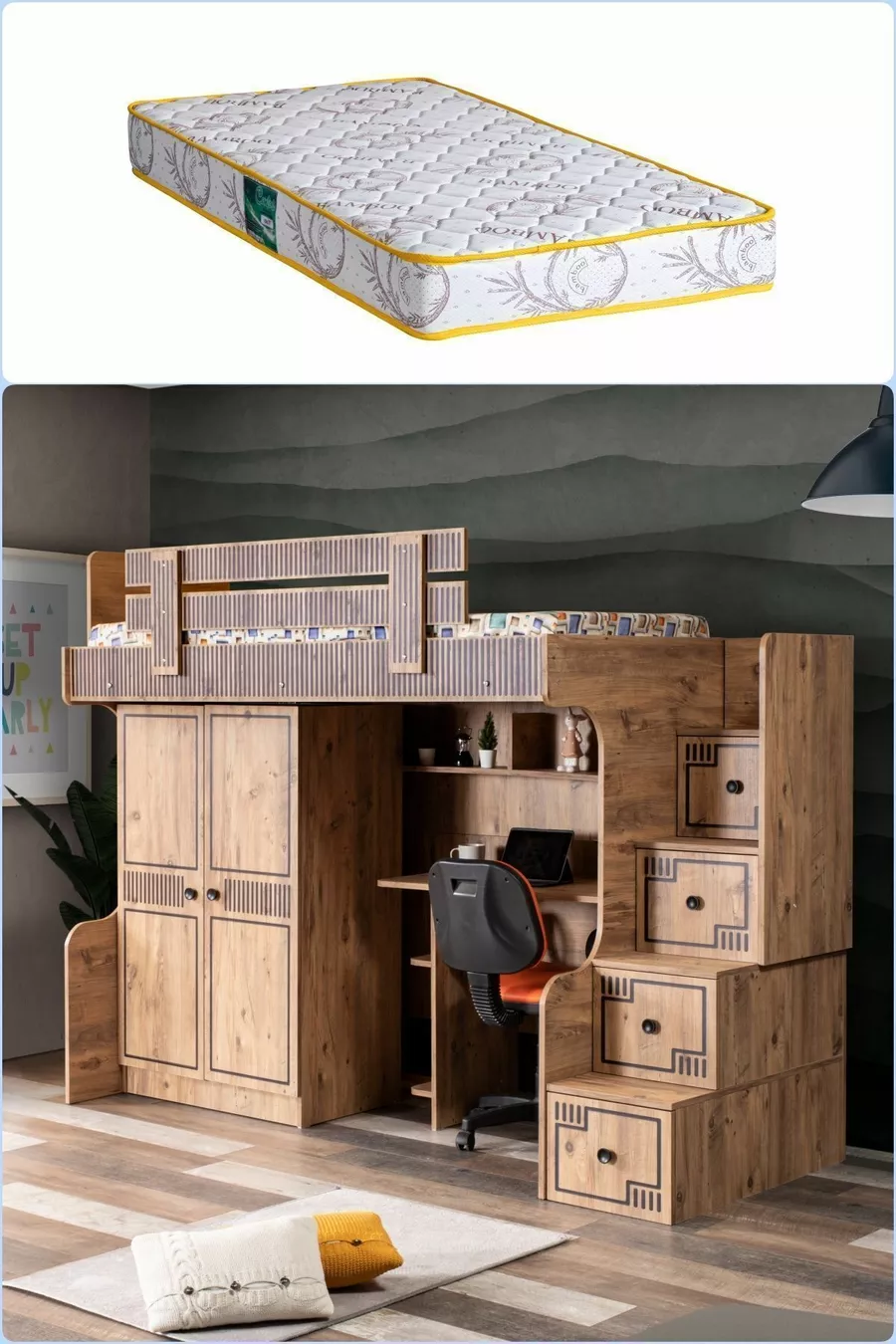 Lits superposés, Bureau avec armoire Natural Ranza 1 pièce Comfortyatak