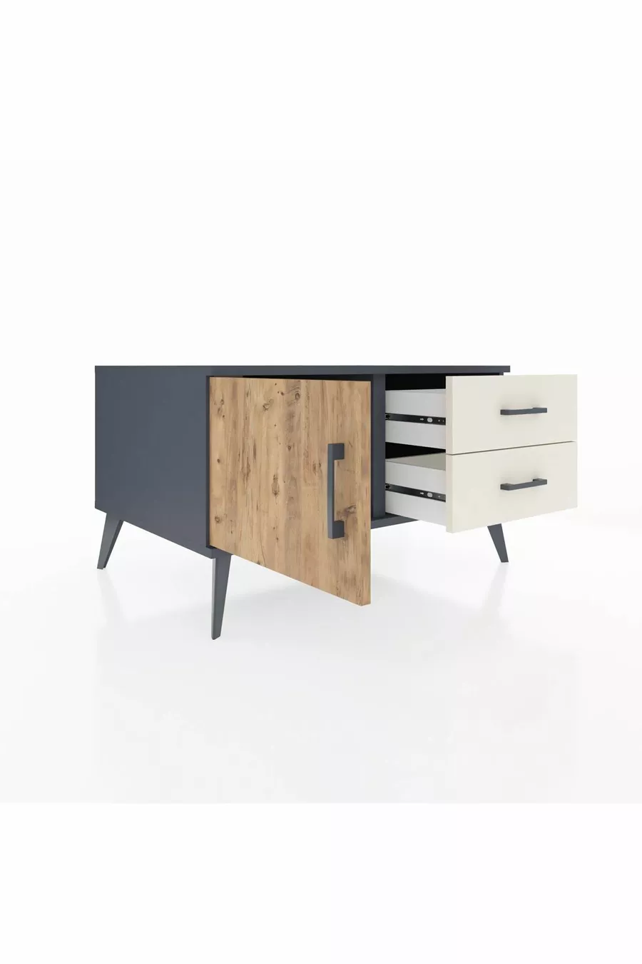 Commode Kronos à une étagère, 2 tiroirs et une porte, Anthracite-Sapin/Gris pierre