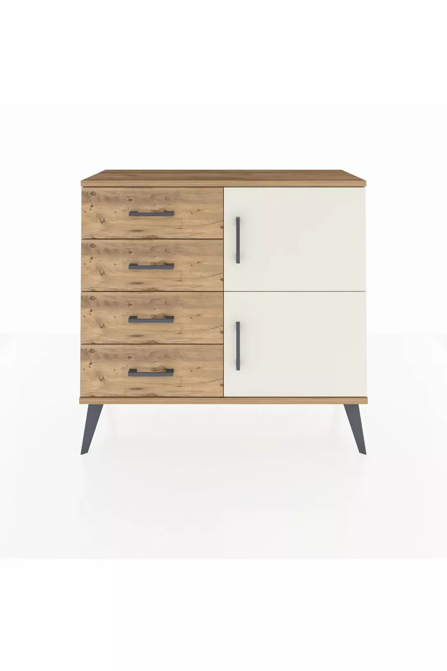 Commode Arges avec une seule étagère, 4 tiroirs et 2 portes, Pin-Pierre d'argile/Pin