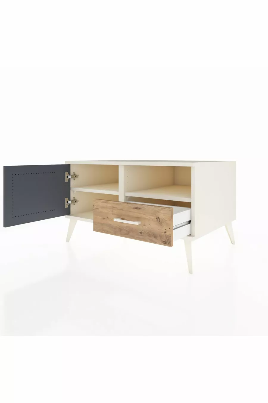 Commode Kronos avec 2 étagères, 1 tiroir et 1 porte, Pierre de Lune-Anthracite/Pin
