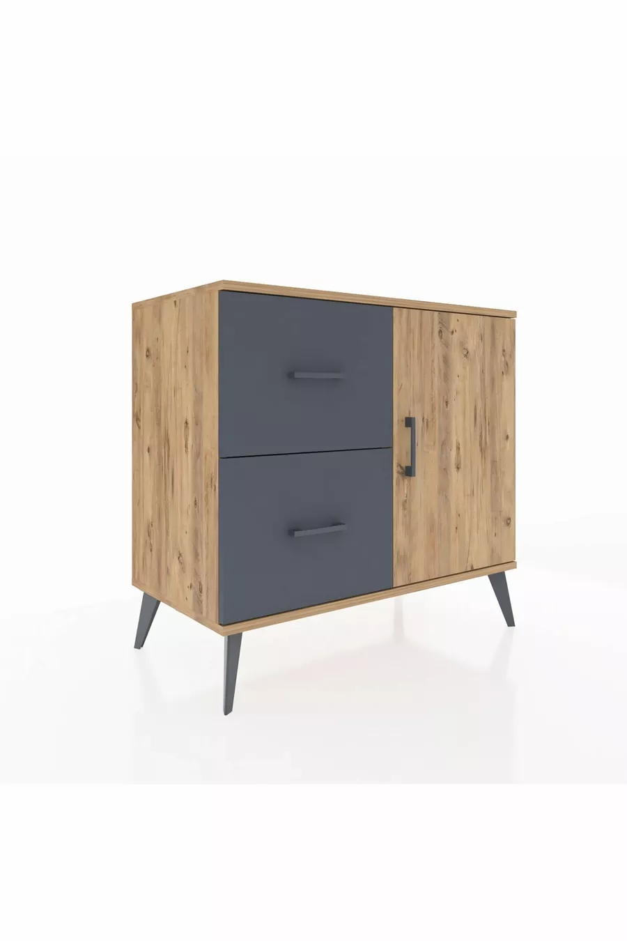 Commode Hyperion avec une seule étagère, 2 tiroirs et une porte, Pin-Pin/Anthracite