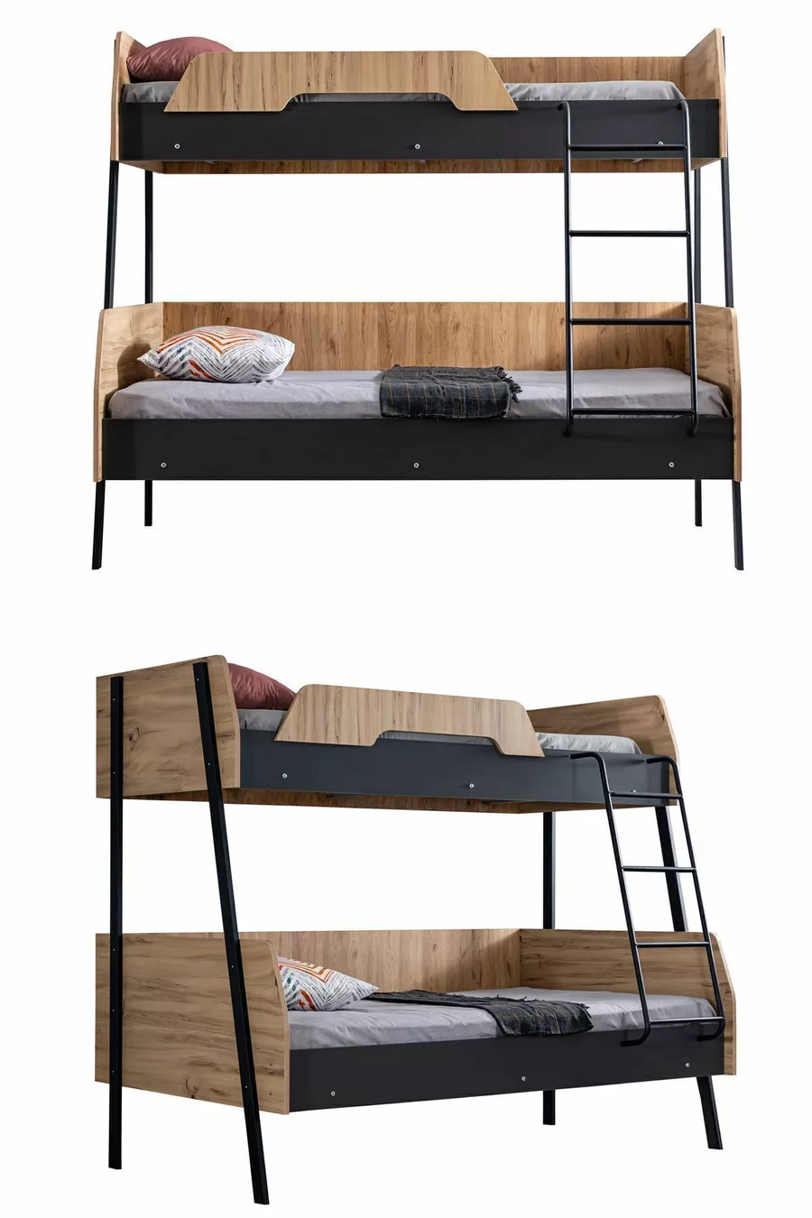 Lit superposé, Lit superposé double large Alba, cm - cm - Noyer-Anthracite + 2 matelas Comfort