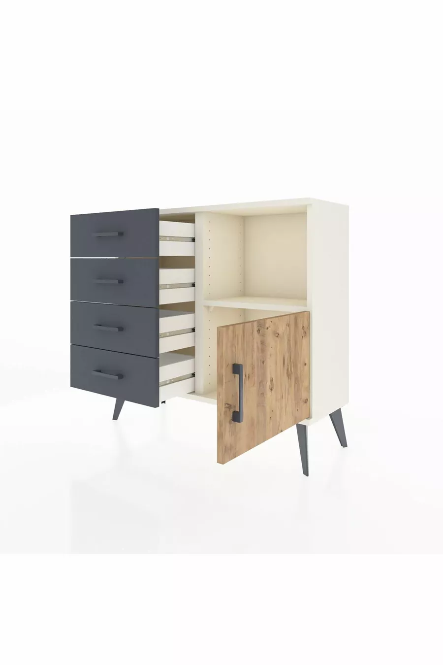 Commode Arges avec une étagère, 4 tiroirs et une porte, couleur Pierre de lune-Sapin/Anthracite
