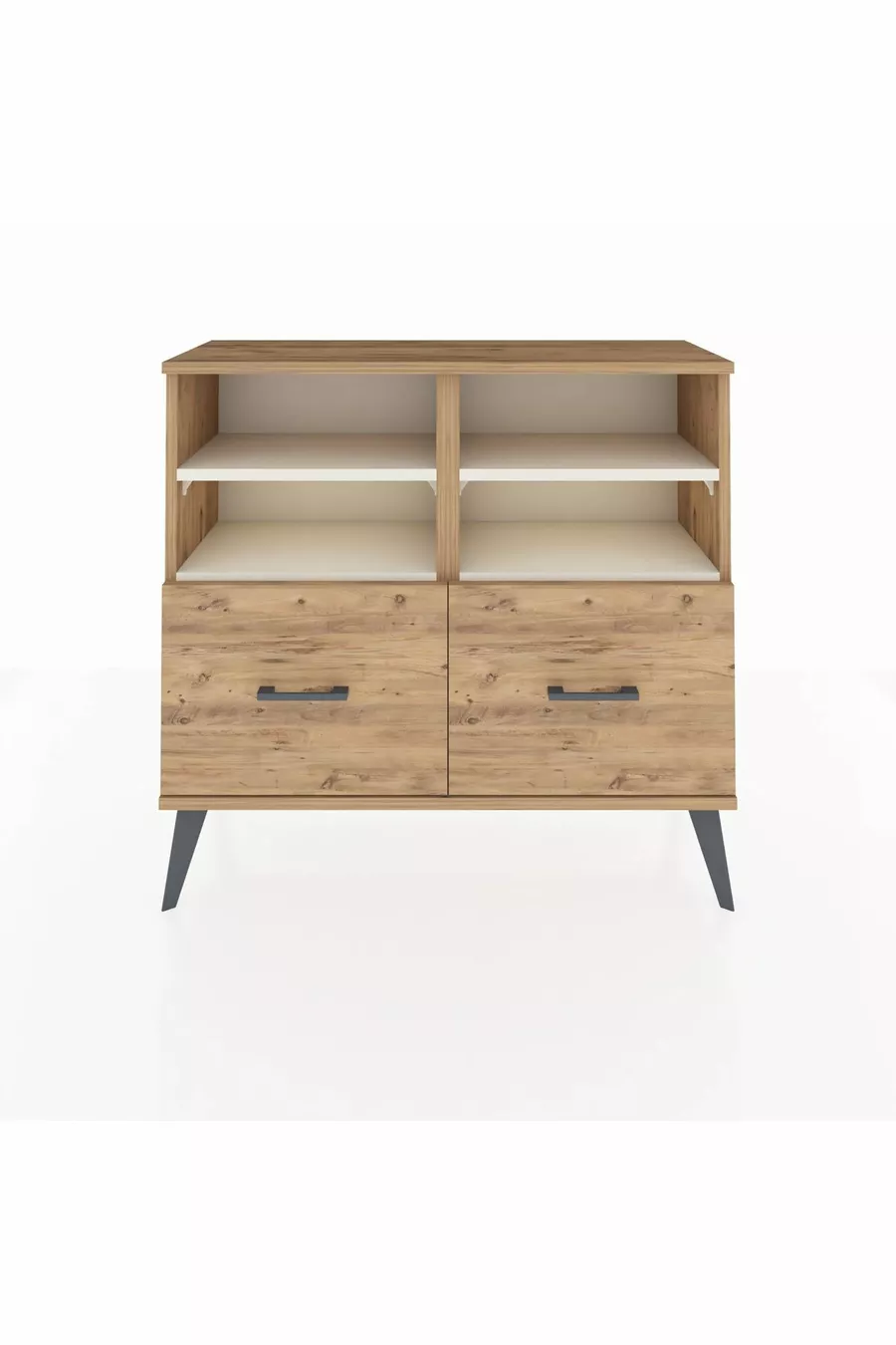Commode Arges 4 étagères 2 tiroirs Pin-Pierre de Lune/Pin