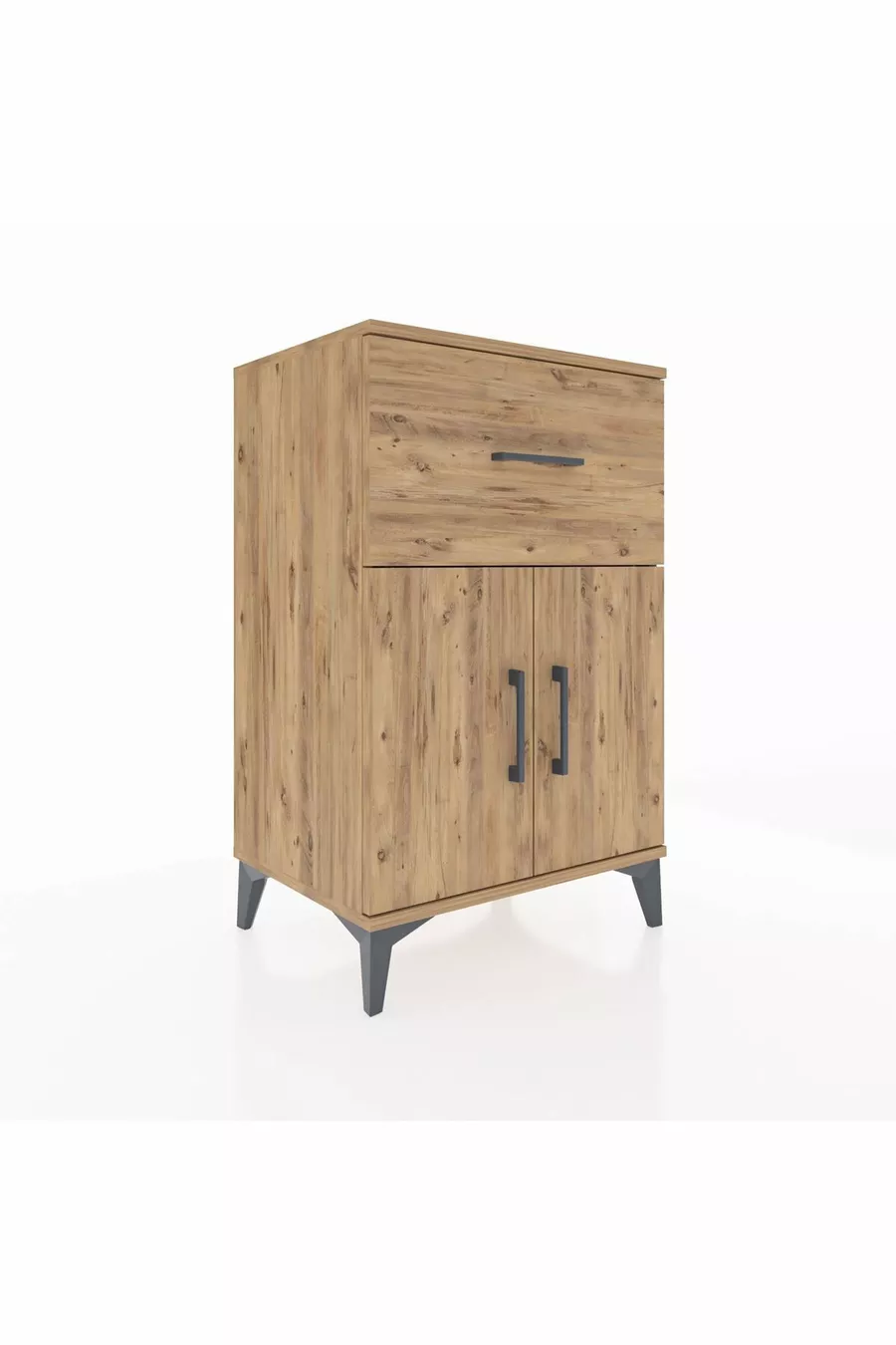 Chevet Hyperion avec une étagère simple, un tiroir et deux portes, en pin