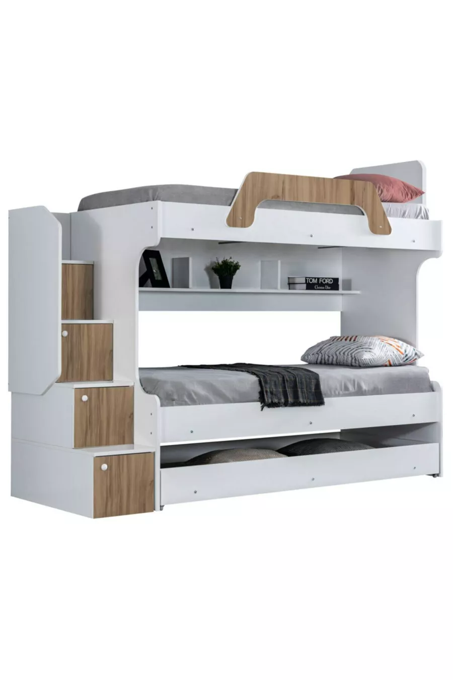 Lits superposés, Lit superposé pour enfants Inci avec lit gigogne en noyer, lot de 3 matelas confort
