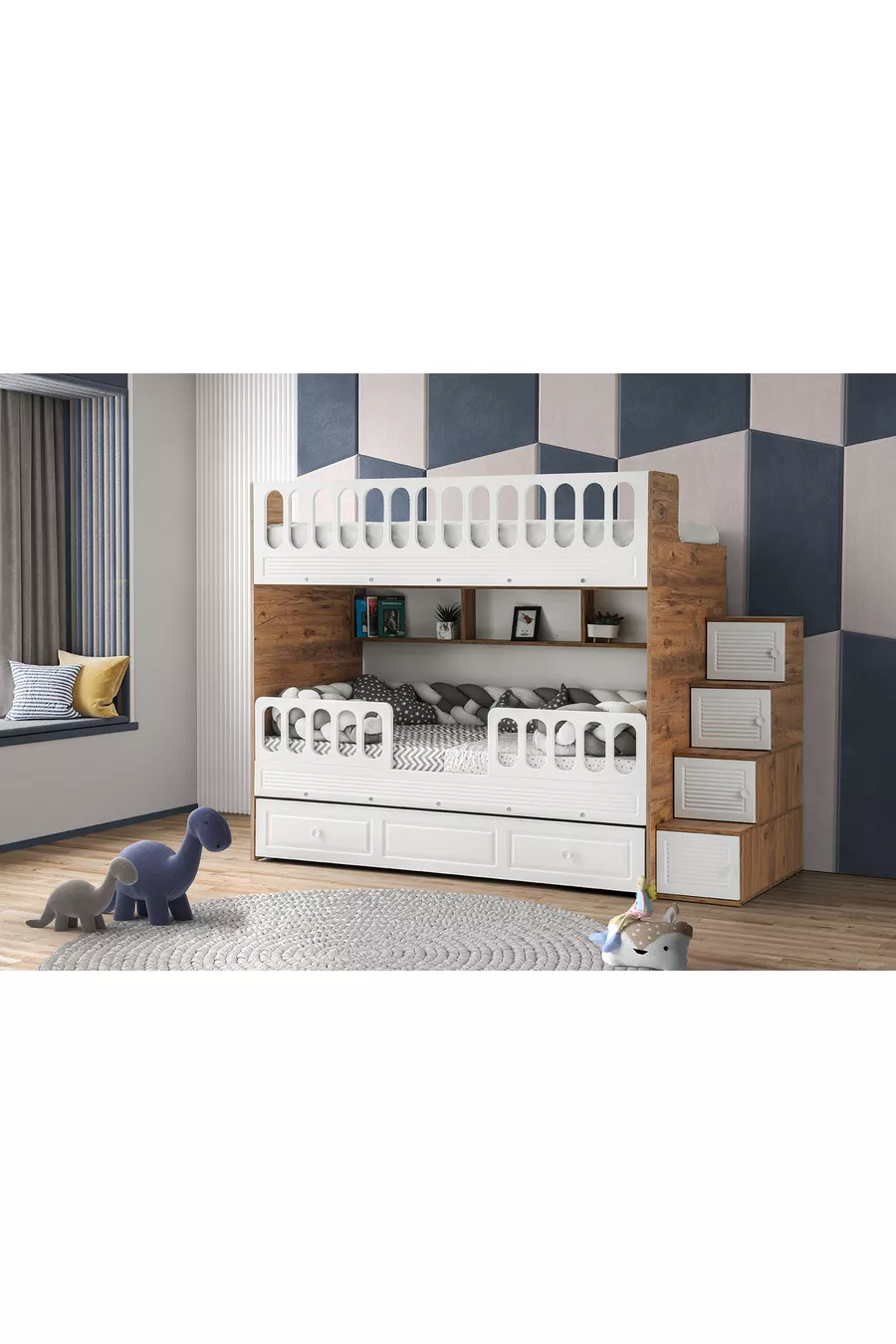 Lits superposés avec volets / Pin-blanc / Installation gratuite / 3 sections de lit / Escalier avec placard / 100 % MDF