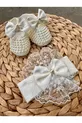 Ensemble de bandeau et chaussons pour bébé fille avec détail nœud, chaussons brillants avec perles et dentelle,  cm, chaussons de luxe avec scratchs, pour cadeau