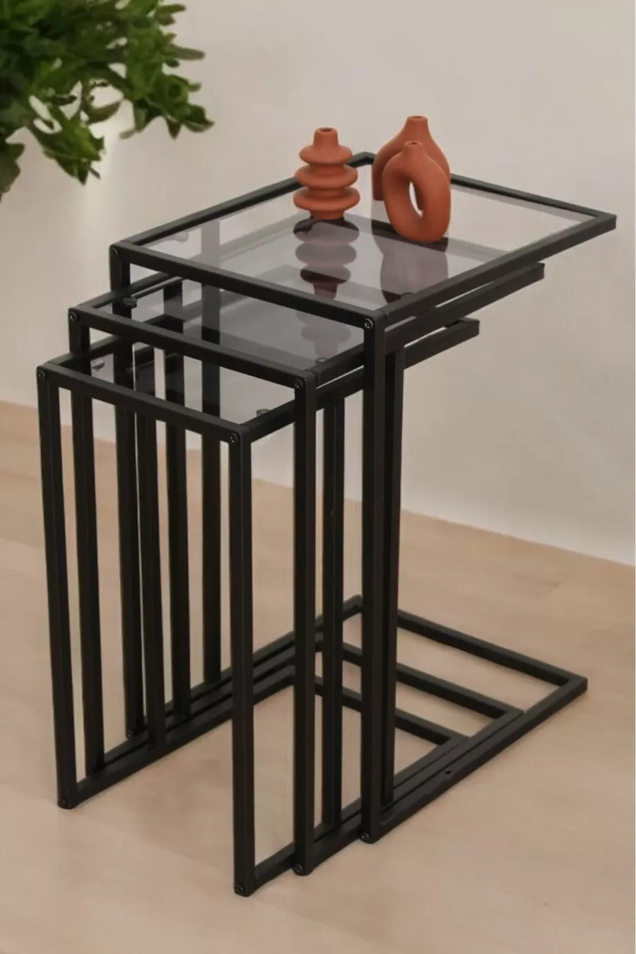 Ensemble de tables gigognes Ibiza Triple C Table d'appoint Canapé Métal 3 tables d'appoint latérales avec verre fumé