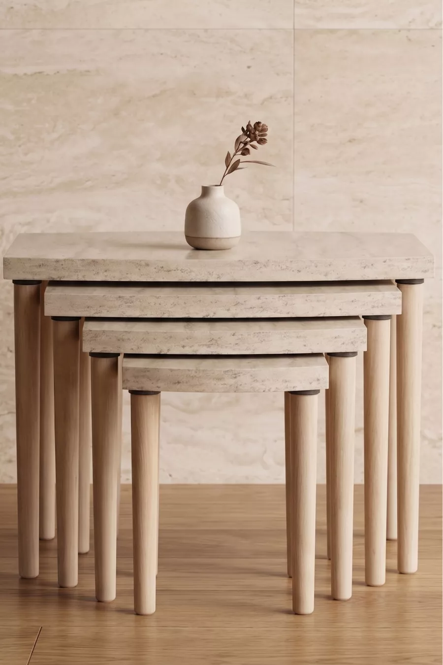 Ensemble de tables gigognes 4 pièces en MDF à motif travertin avec pieds en bois de charme, design moderne