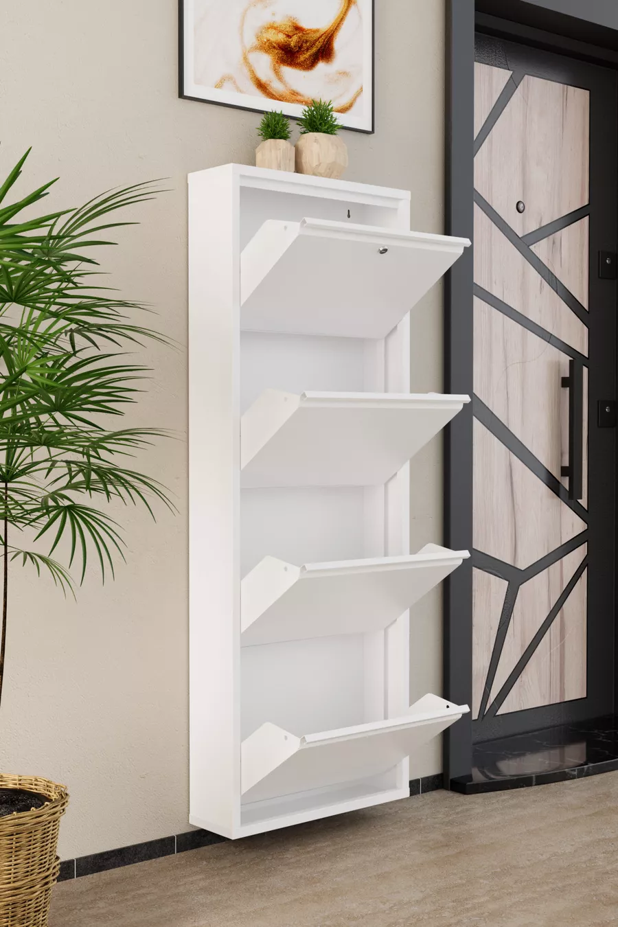 Meuble à chaussures métallique blanc à 4 portes verrouillables