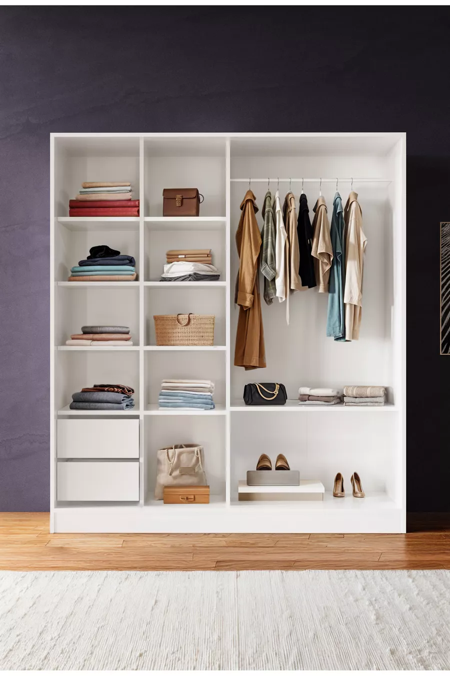 Armoire  Zambak coulissante avec étagères multiples, tiroirs et penderie, structure blanche (portes blanches-blanches)