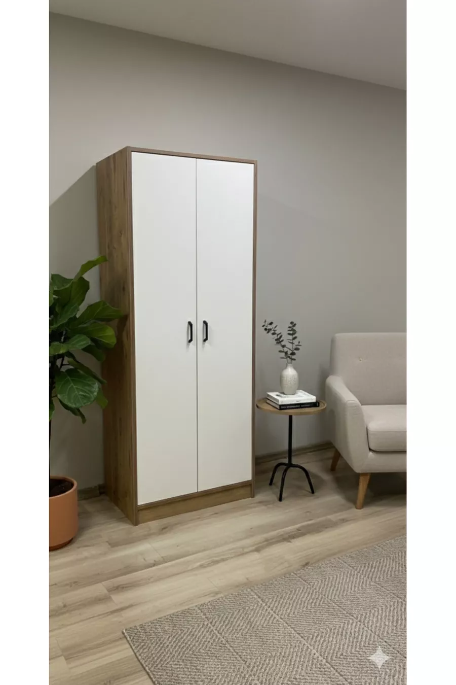 Armoire à vêtements avec 2 portes, étagères et penderie, pin Atlantique-Pierre de lune