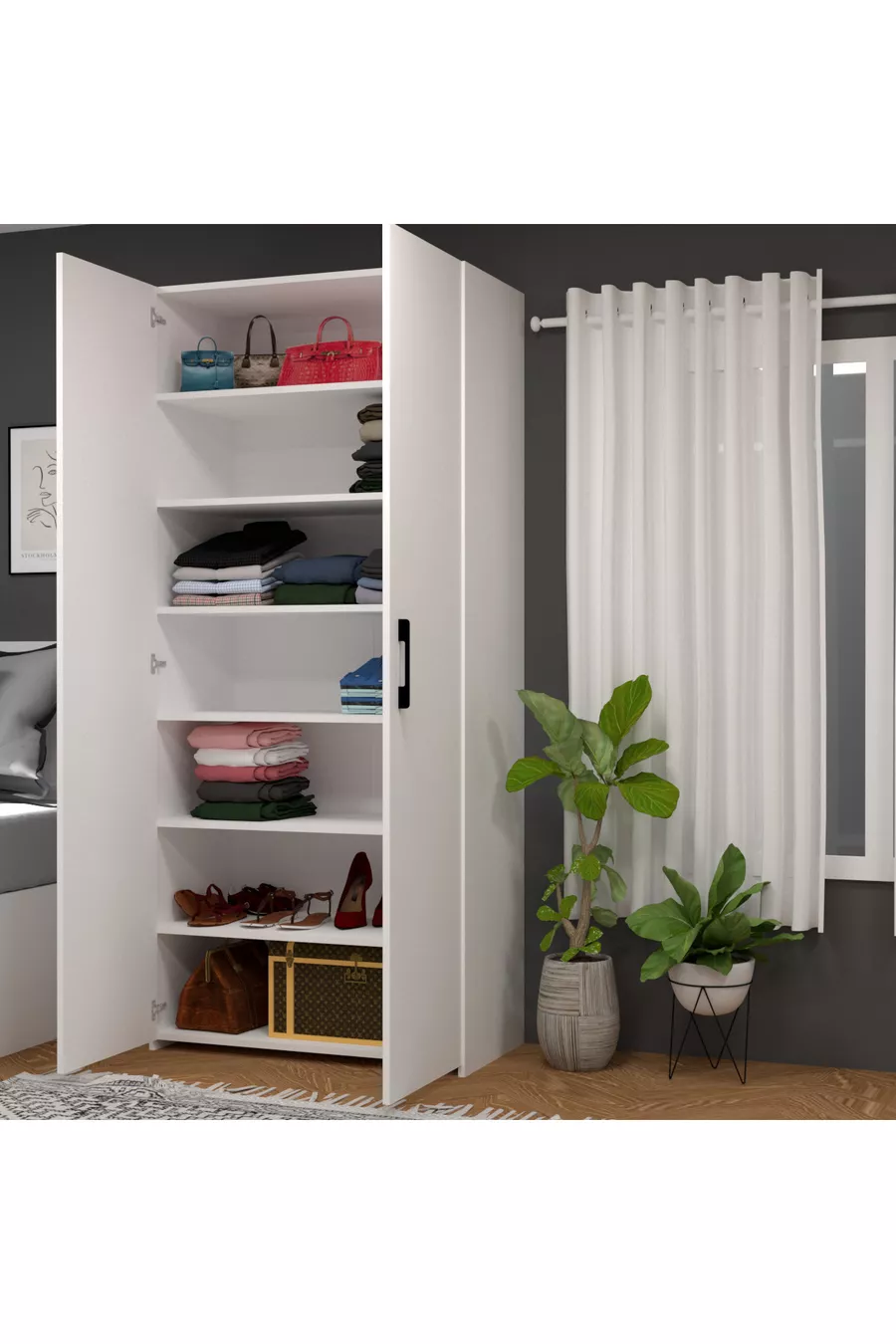 Armoire Retro-6 polyfonctionnelle à 7 étagères et 2 portes, blanche