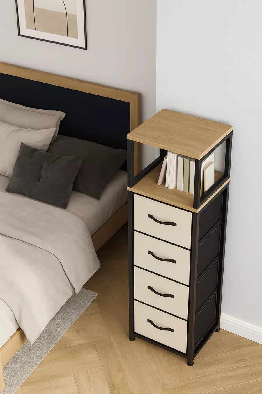 Commode à 2 étagères et 4 tiroirs en cuir, commode à tiroirs en cuir, organisateur polyvalent pour chambre à coucher
