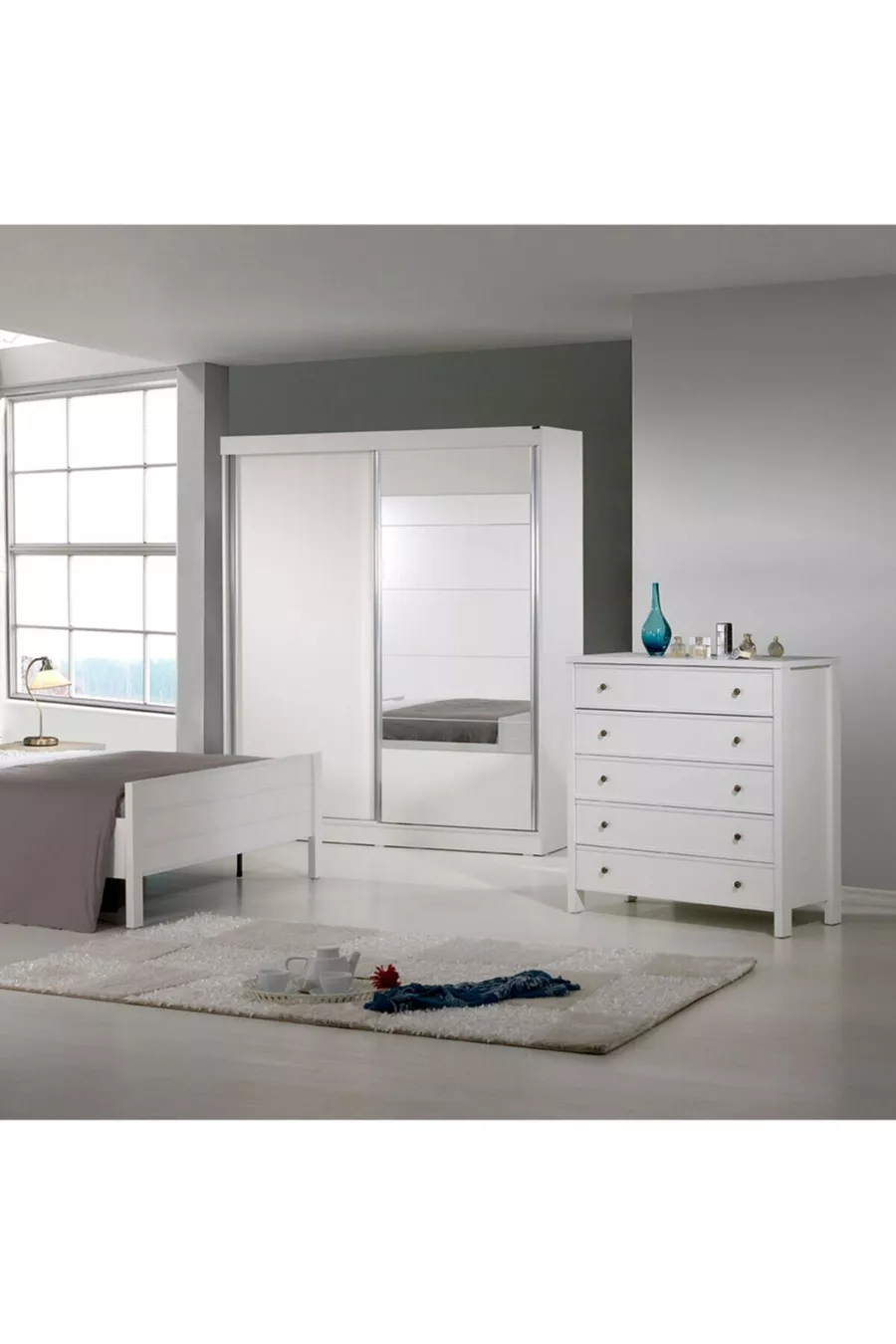 Commode moderne sur pieds Rio à 5 tiroirs, blanche