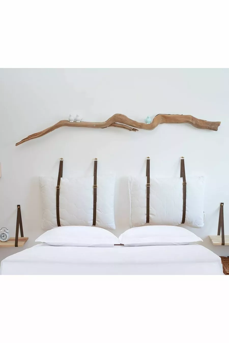 Tête de lit en cuir avec sangles + ensemble de 2 étagères murales pour chambre à coucher
