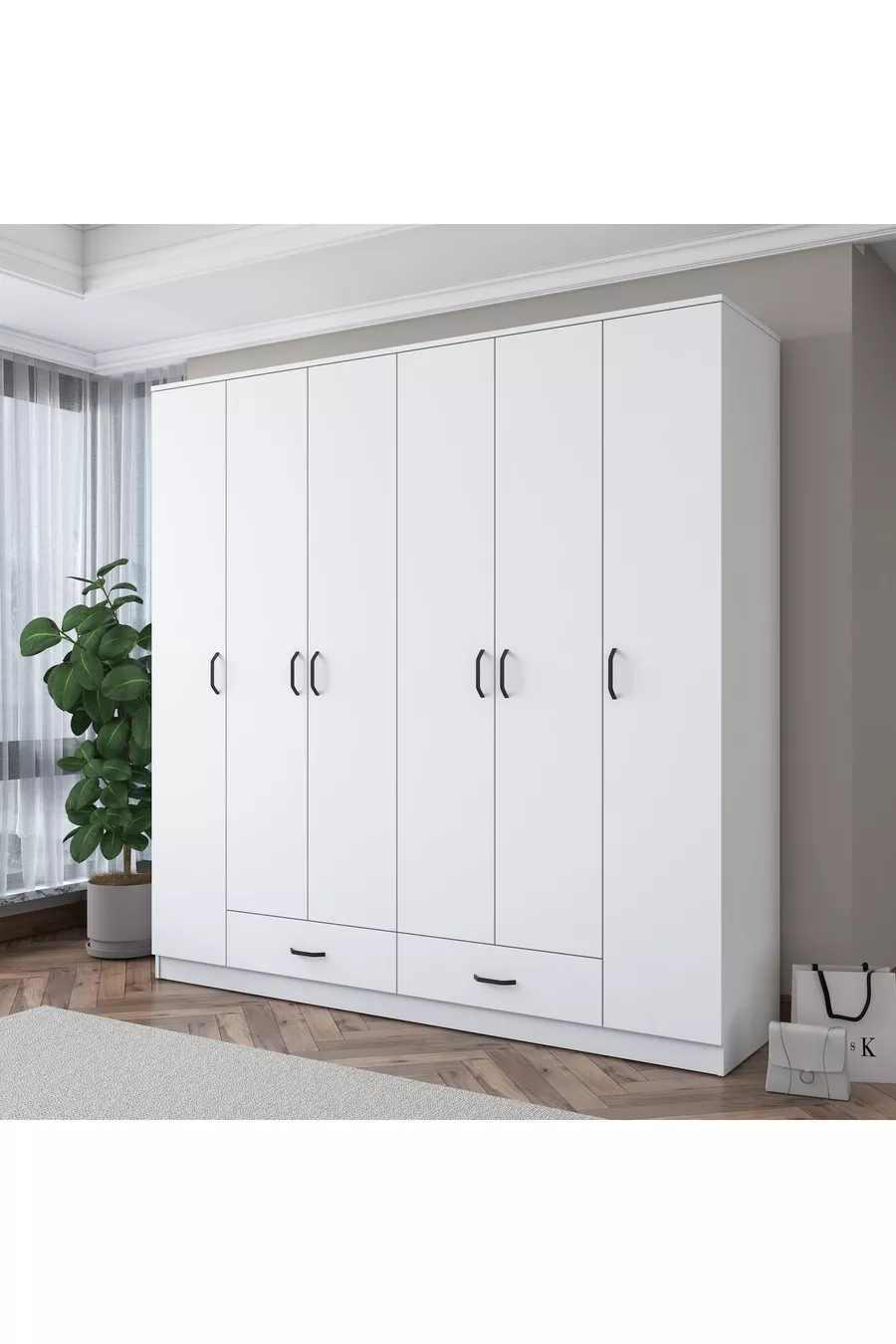 Rani  Armoire Spacieuse pour Vêtements 6 Portes 2 Tiroirs  Étagères 2 Tringles Blanche