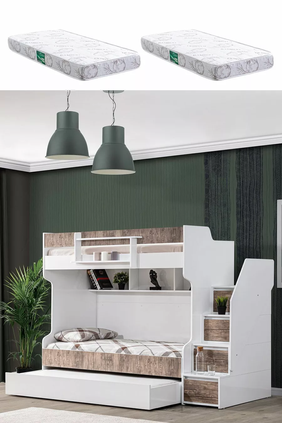 Lits superposés, Lit superposé Courageux avec tiroirs - Noyer 2 matelas confort