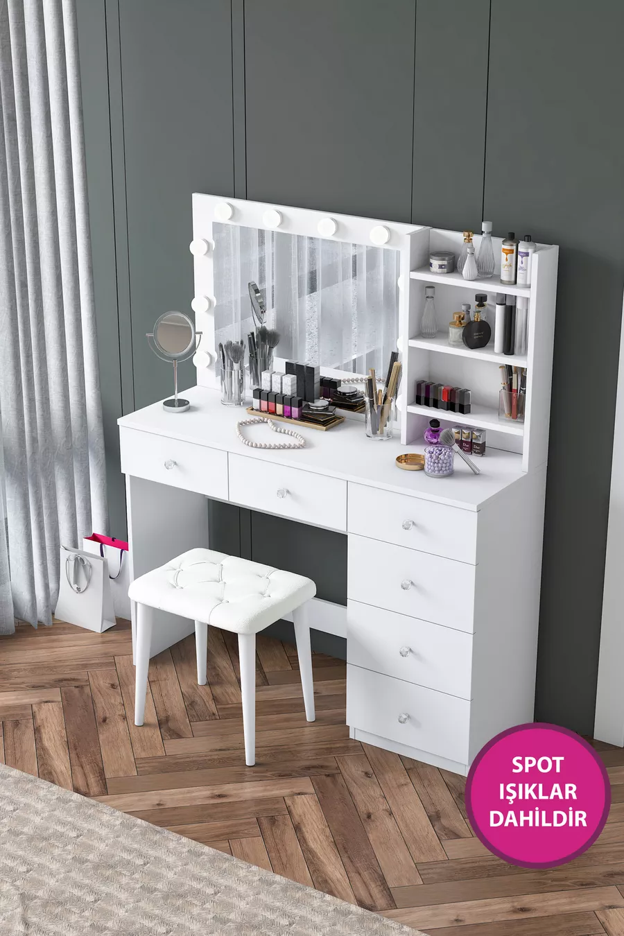 Rani Coiffeuse de Coulisses avec Miroir à Lumières Hollywood, Ensemble Puf et Organisateur de Bijoux à 6 Tiroirs, Blanc