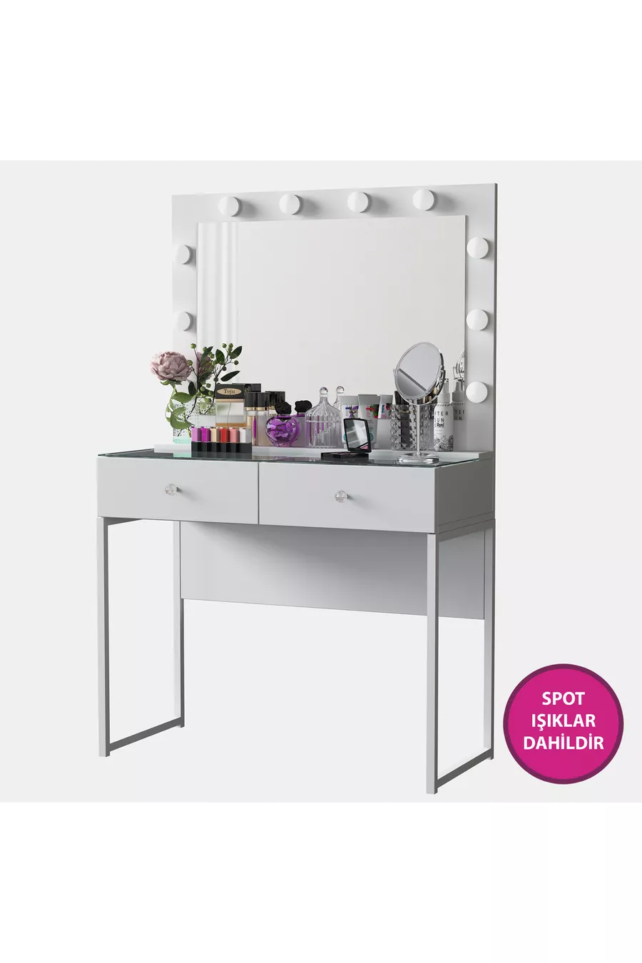 Rani Coiffeuse de Coulisses avec Miroir Illuminé Hollywood, 2 Tiroirs, Organisateur de Bijoux, Blanc