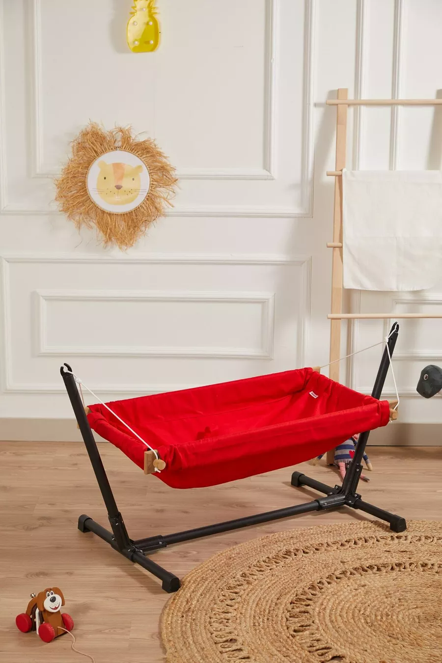 Berceau hamac pour poupée en bois avec support (Rouge)
