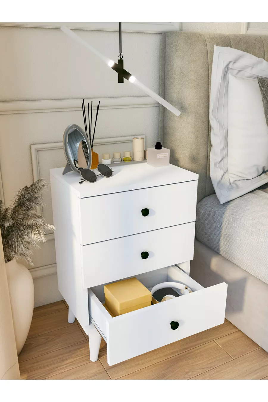Table de chevet blanche brillante moderne à 3 tiroirs pour chambre à coucher