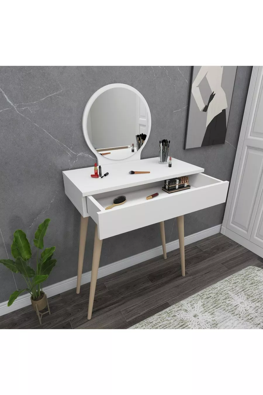 Table de maquillage avec miroir et tiroirs sur pieds en bois Siena, Blanc - Siena