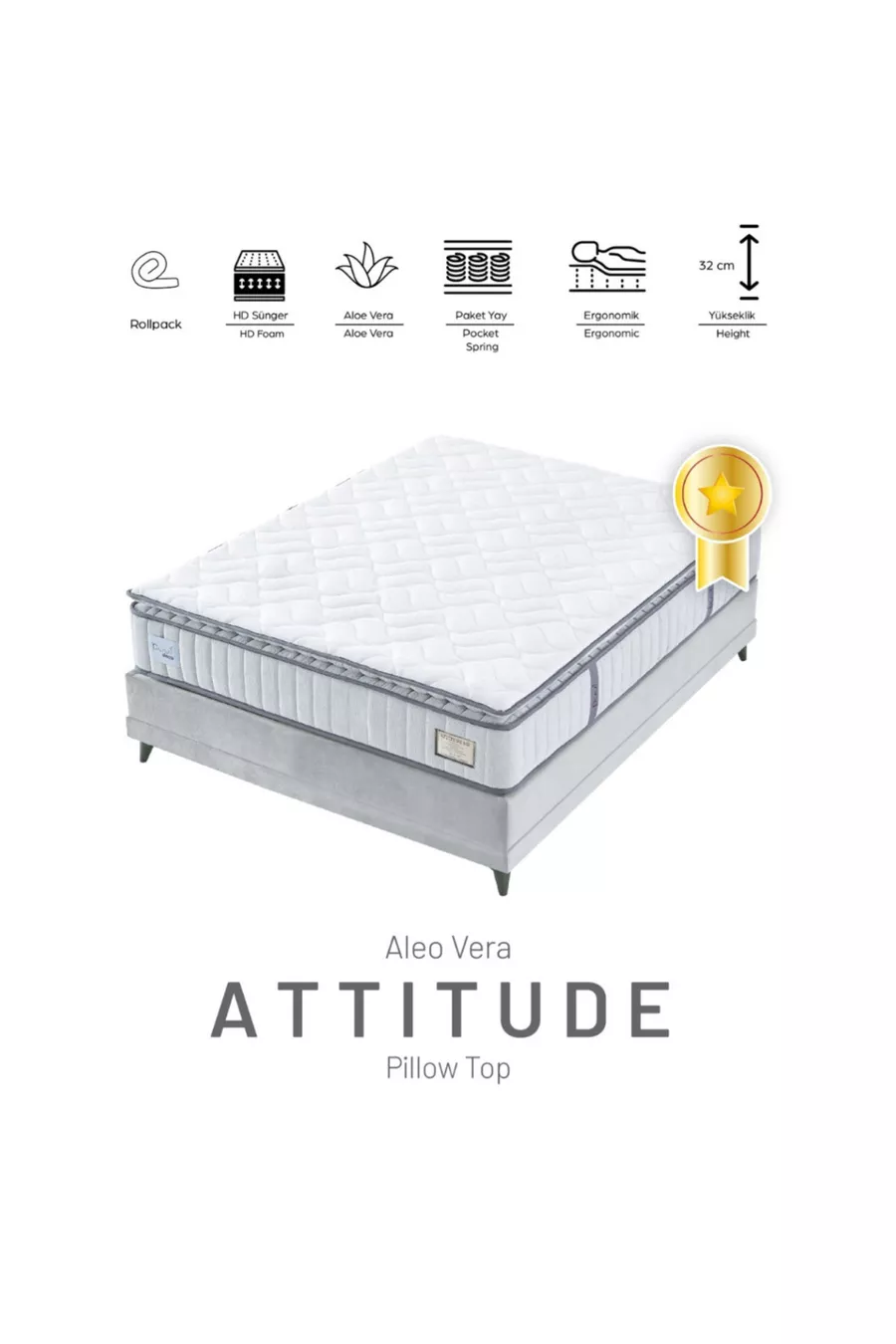 Matelas orthopédique avec soutien de la colonne vertébrale et oreiller intégré Attitude Aloe Vera