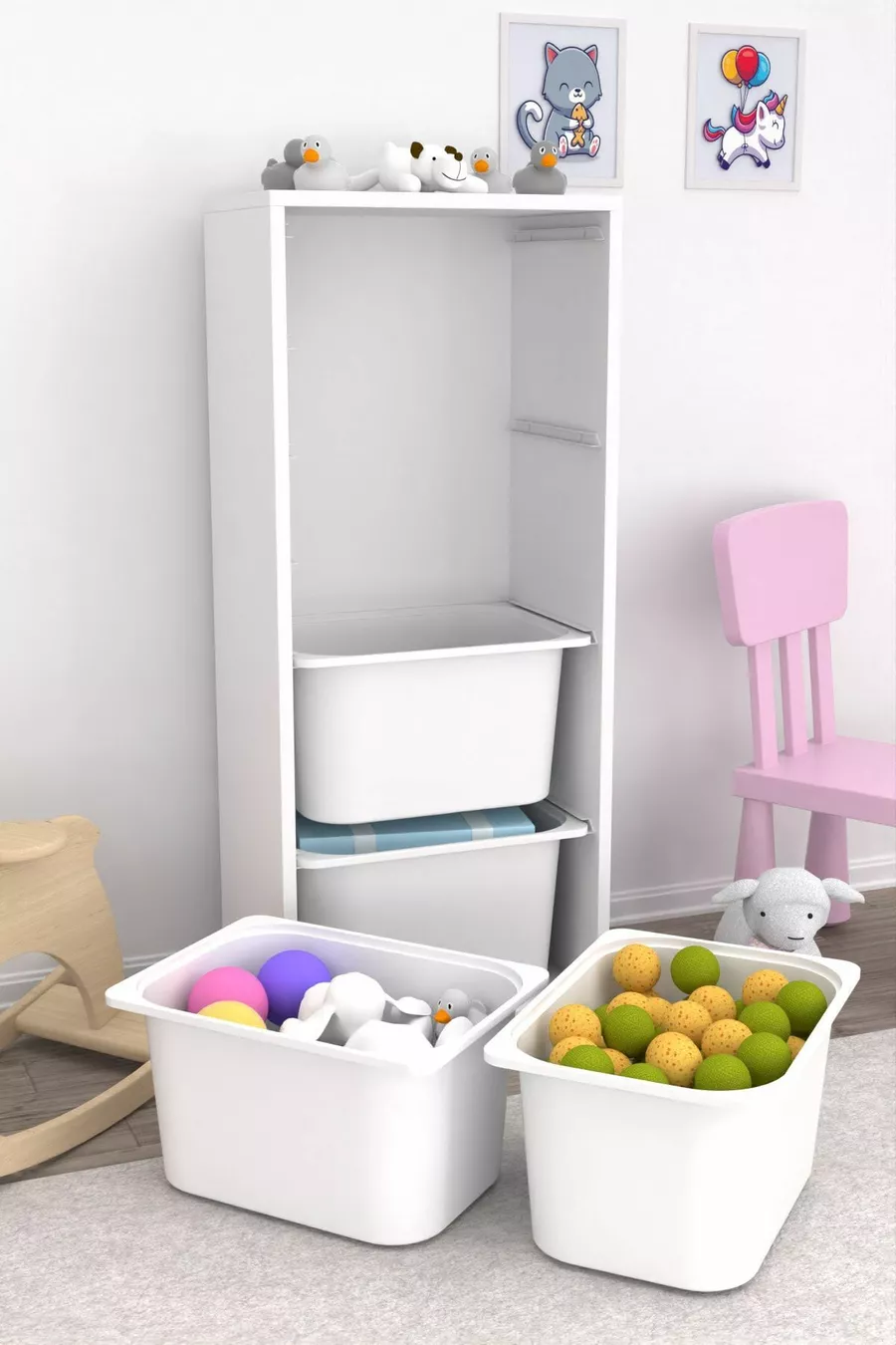 Armoire de jouets polyvalente avec 4 paniers profonds, placard de cuisine ou garde-manger, blanc