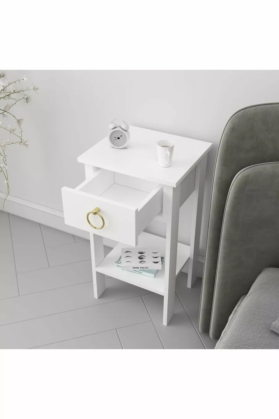 Table de chevet Luvia à un tiroir avec poignée blanche et dorée
