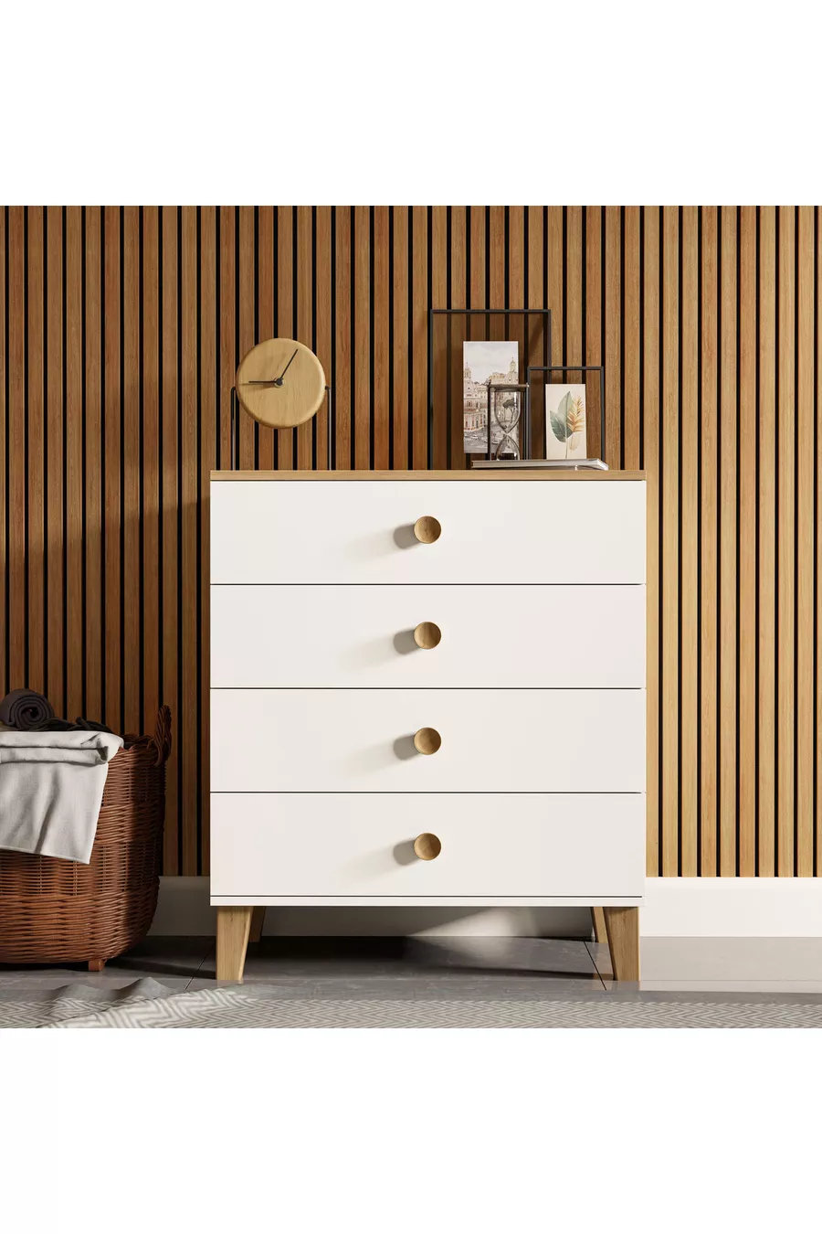 Commode Vento 4 tiroirs avec panier - Blanc