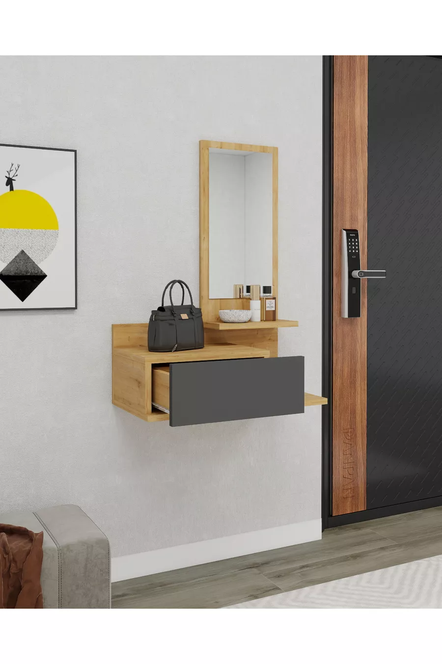 Console murale avec miroir et tiroirs Rozella, érable clair & anthracite - Rozella