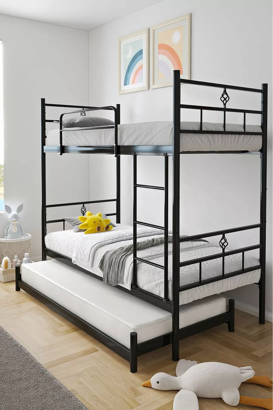 Lit superposé Koza avec tiroir, compatible pour 3 personnes, lit en métal noir