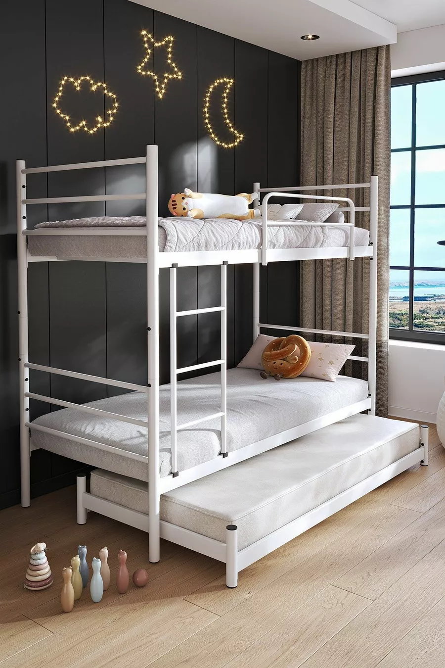 Lit superposé Trend avec couchette, compatible pour 3 personnes, lit en métal blanc