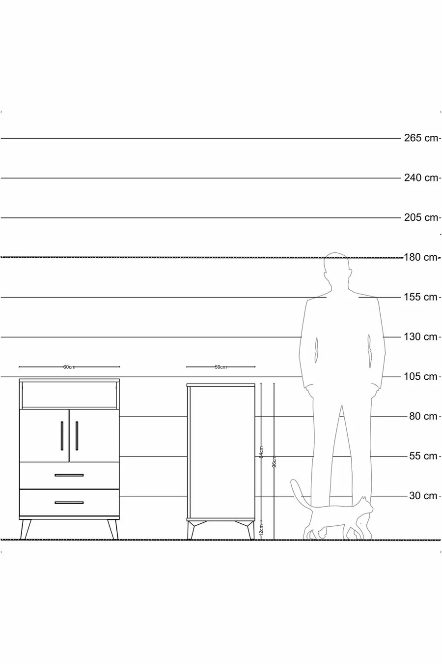 Table de chevet Kronos avec 2 étagères, 2 tiroirs et 2 portes, pin-gris