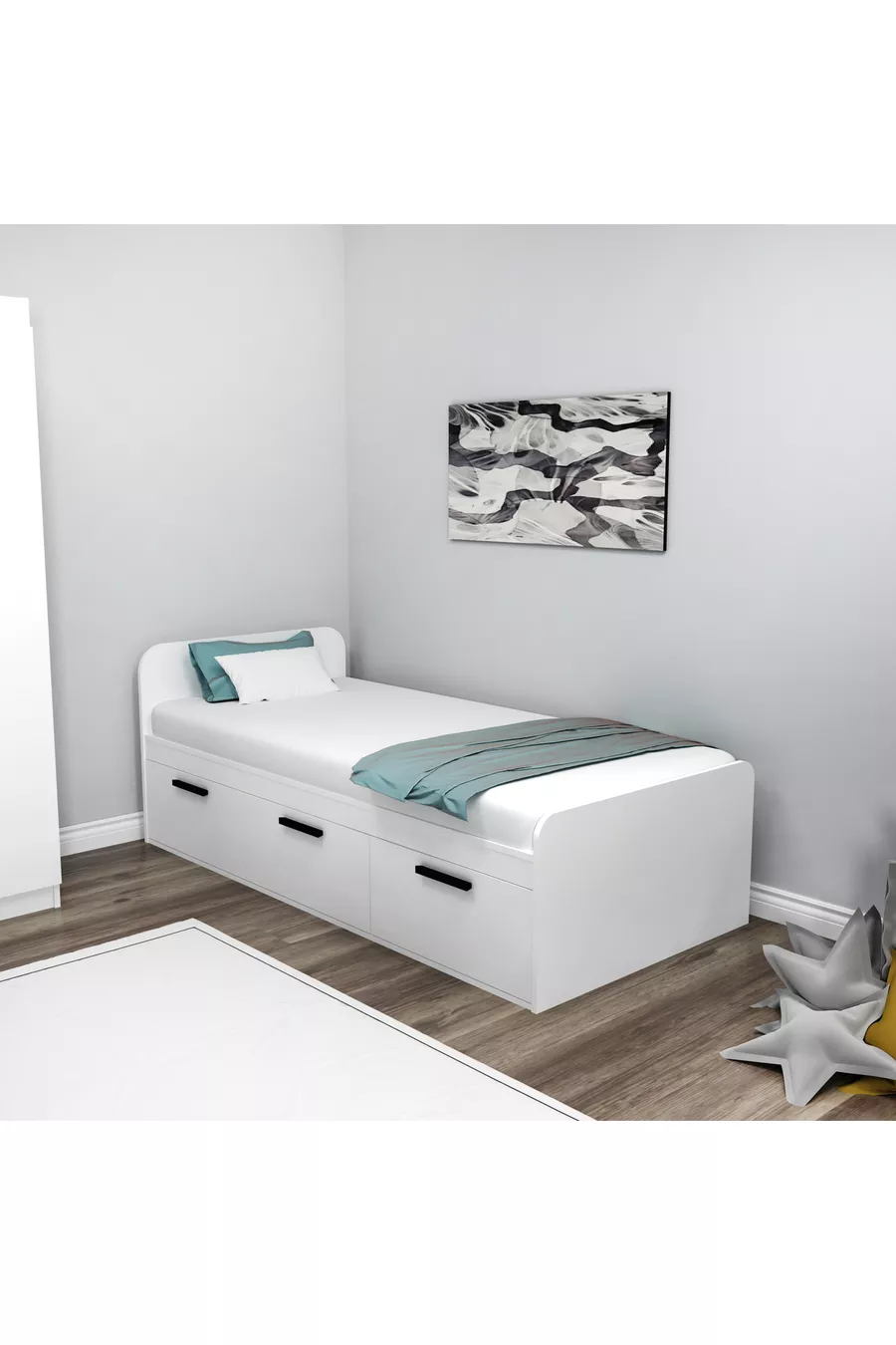 Lit Cadre Akser Blanc – Compatible avec Lit Simple, Lit Pour Jeune Avec Armoire