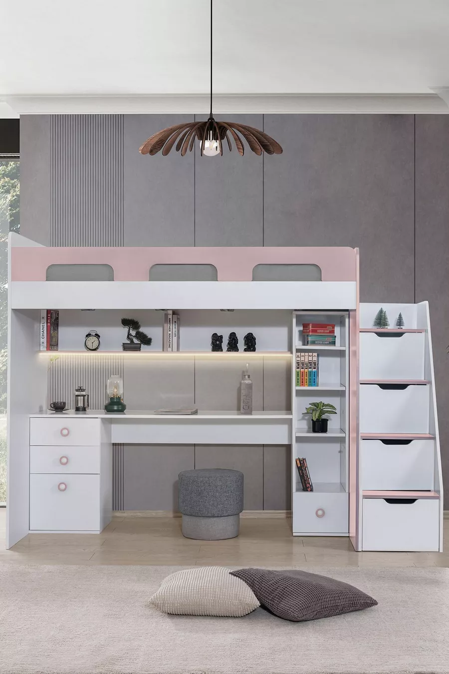 Lit superposé, bureau et bibliothèque Troya - Rose