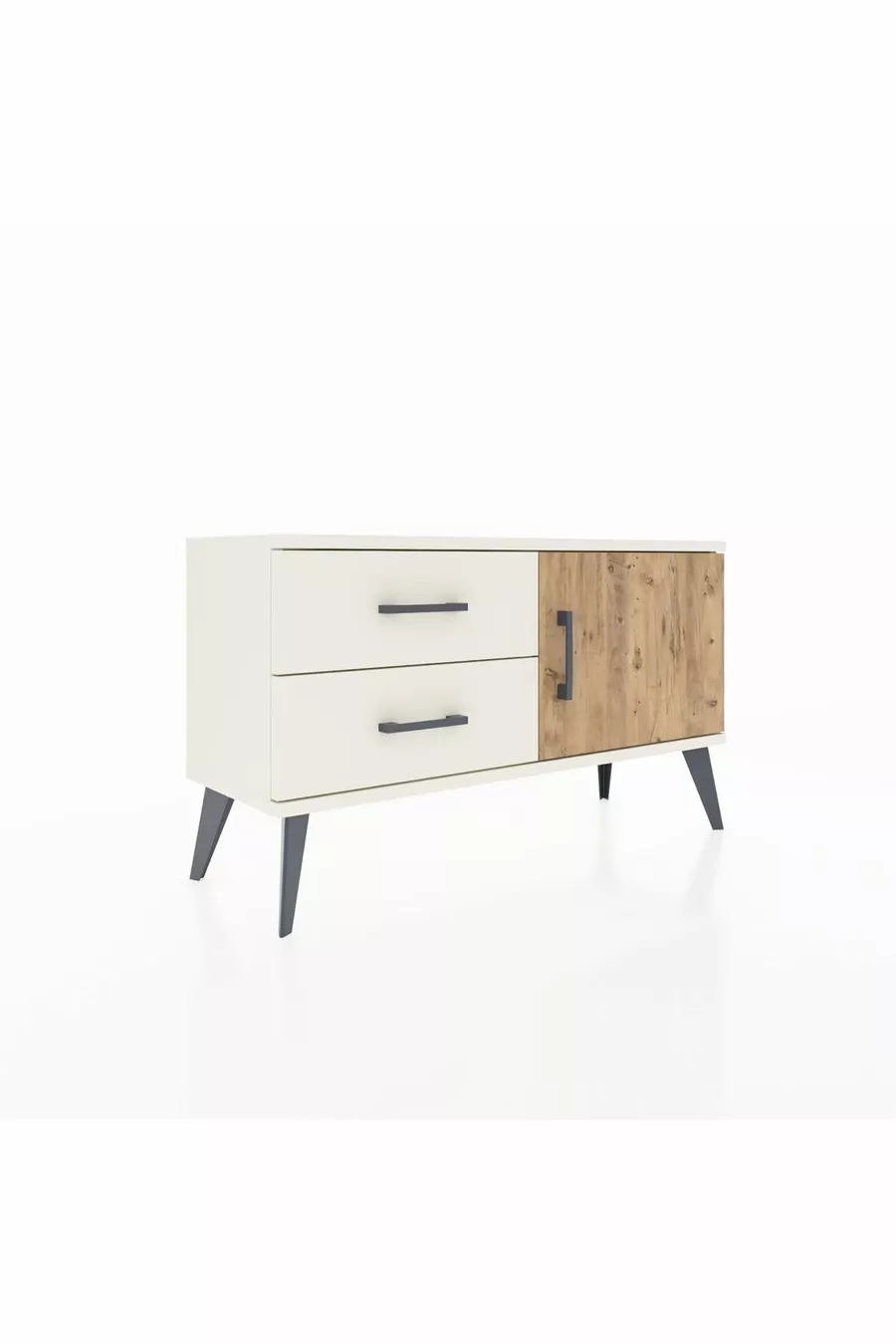 Commode Arges avec une seule étagère, 2 tiroirs et une porte, couleur Pierre de lune-Sapin/Pierre de lune