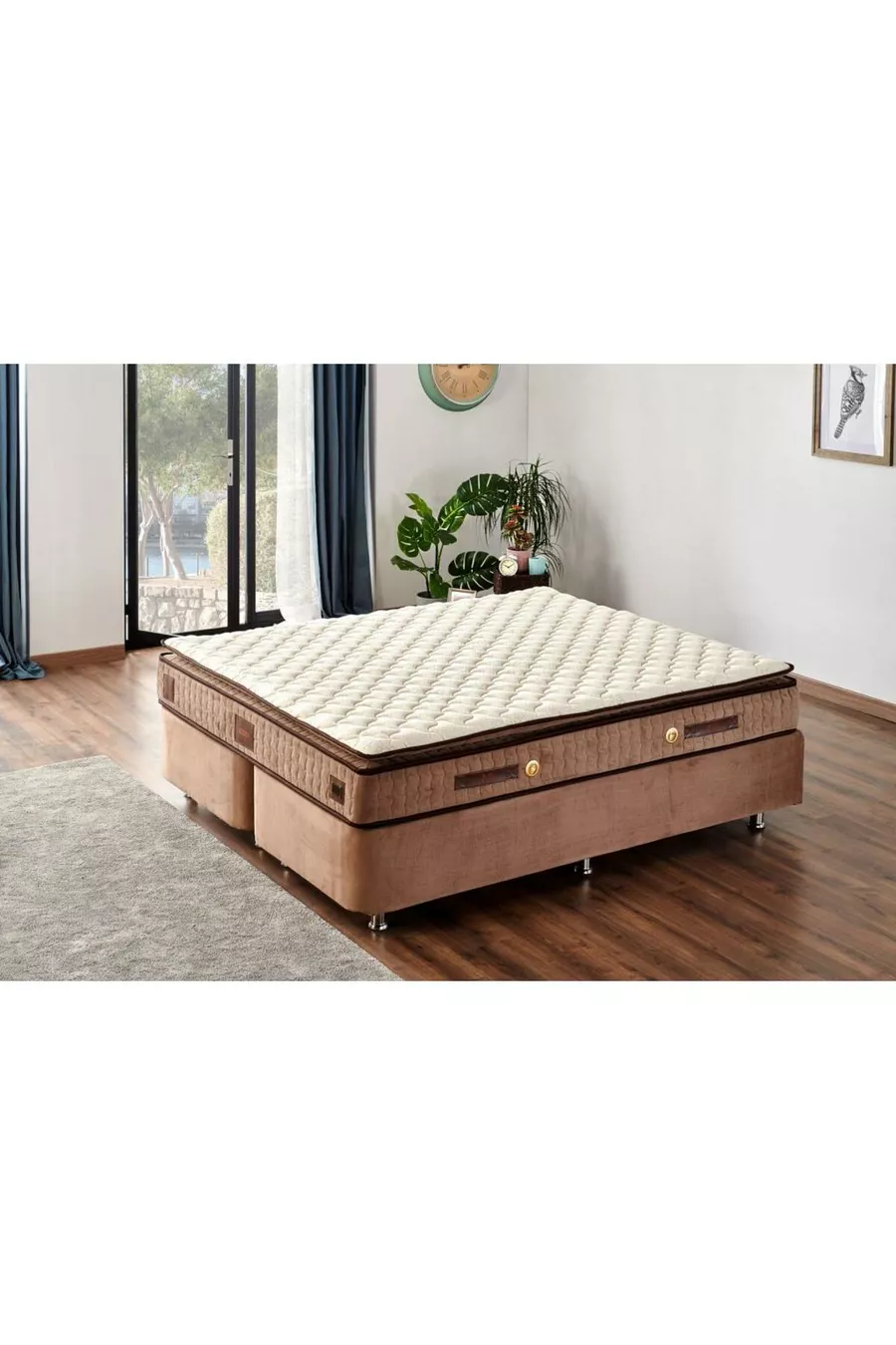 Ensemble de lit double avec sommier rembourré et tête de lit W. Cotton Cm - Sommier en tissu, tête de lit et ensemble de lit