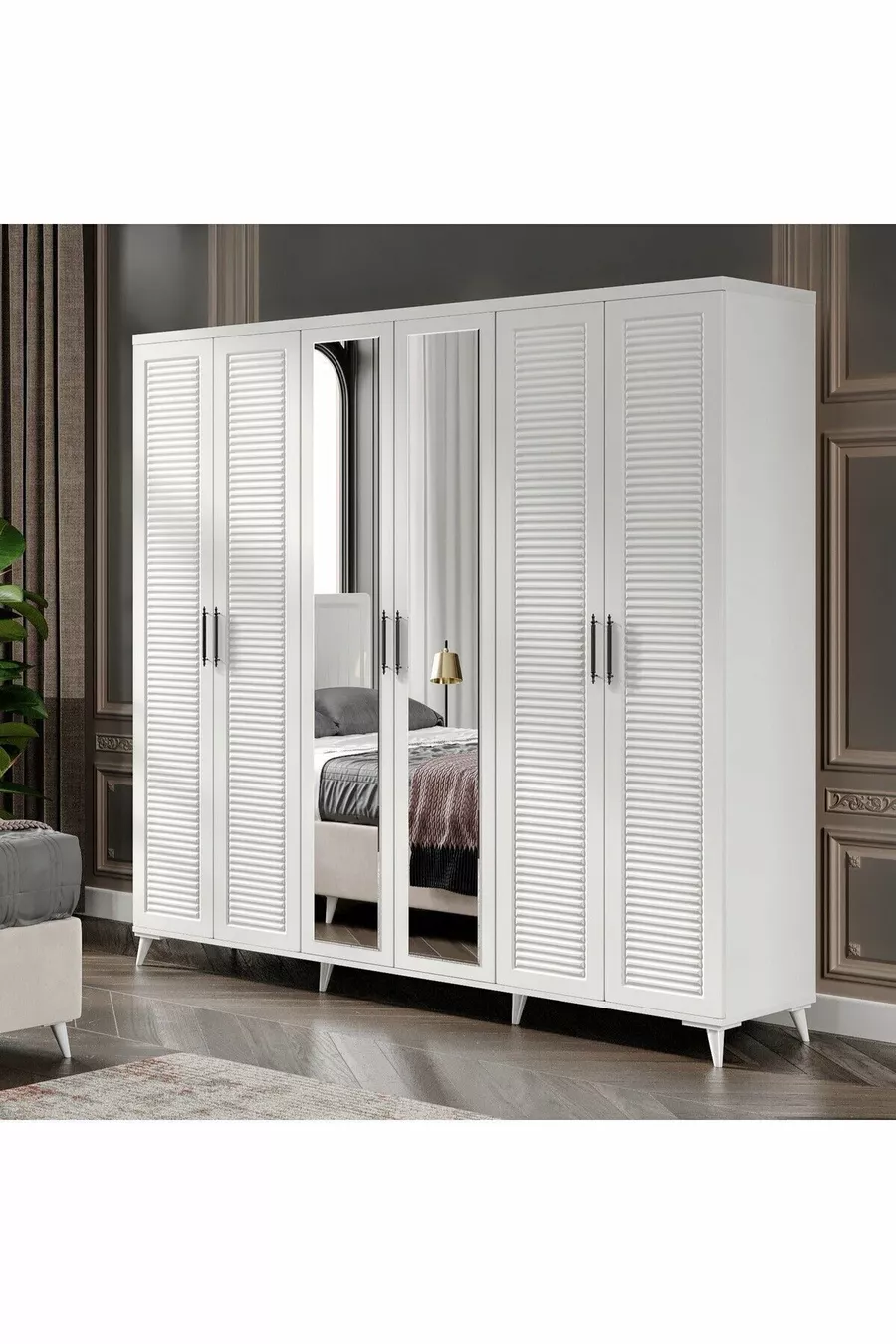 Ensemble de chambre à coucher complet en MDF avec 6 portes, blanc, avec sommier Paris