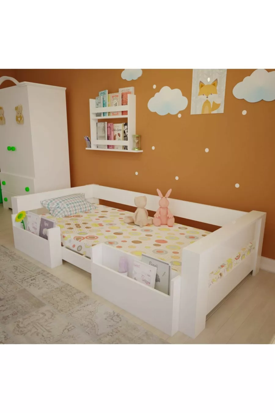Lit Vega Montessori en MDF blanc avec compartiments, compatible avec matelas M