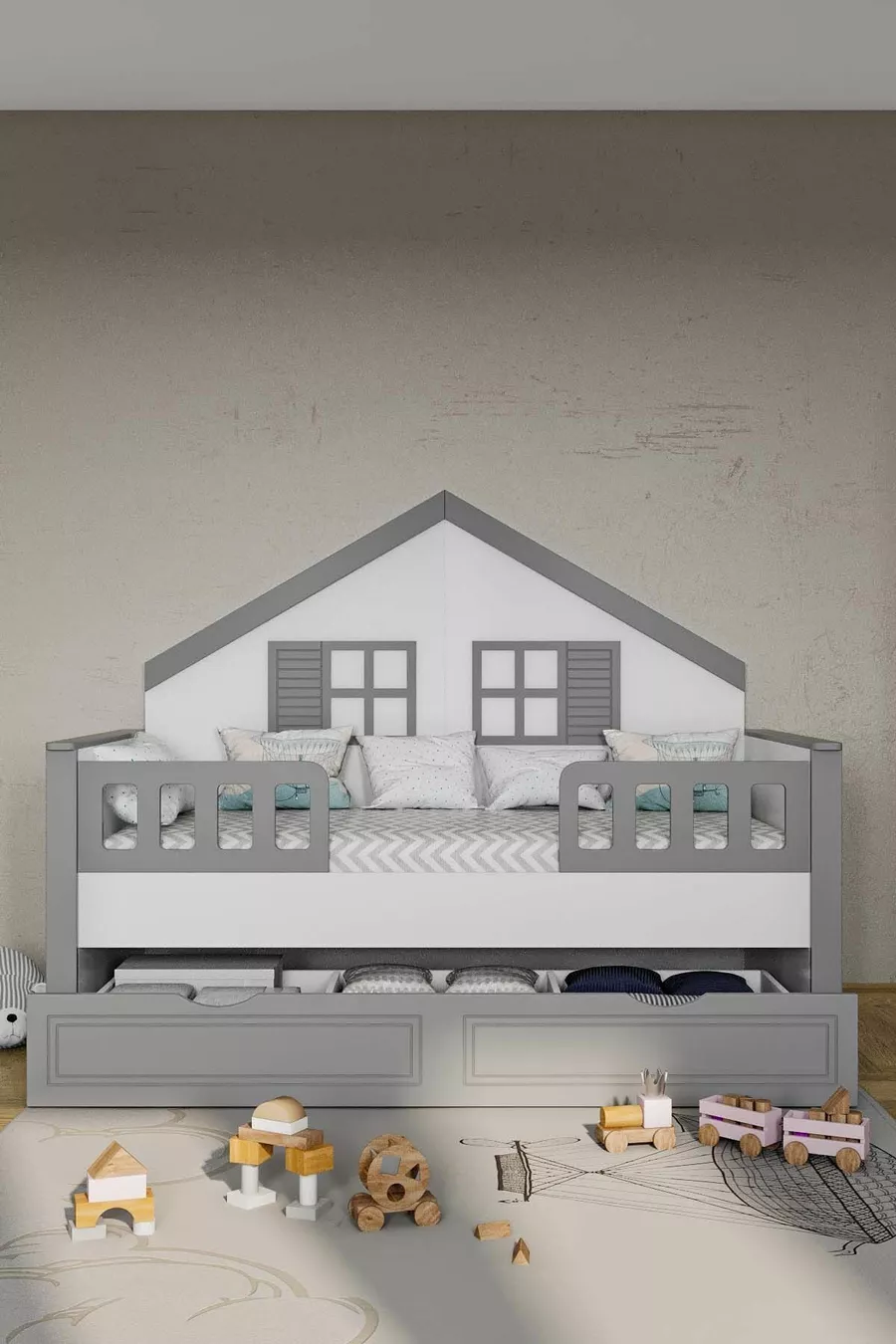 % Lit Montessori pour enfants en MDF avec tiroirs, gris