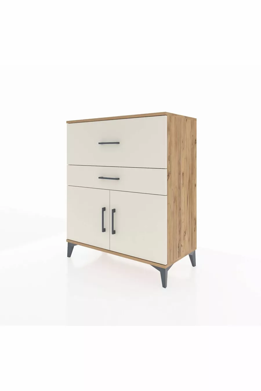 Commode Hyperion à une étagère, 2 tiroirs et 2 portes, pin-jaspe