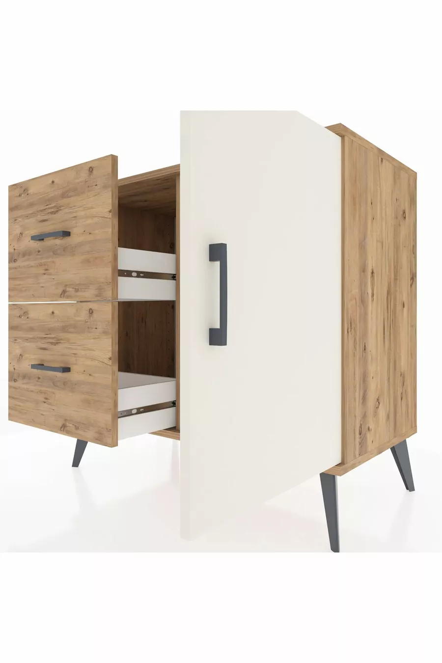 Commode Hyperion avec une étagère, 2 tiroirs et une porte, pin-pierre d'onyx/pin