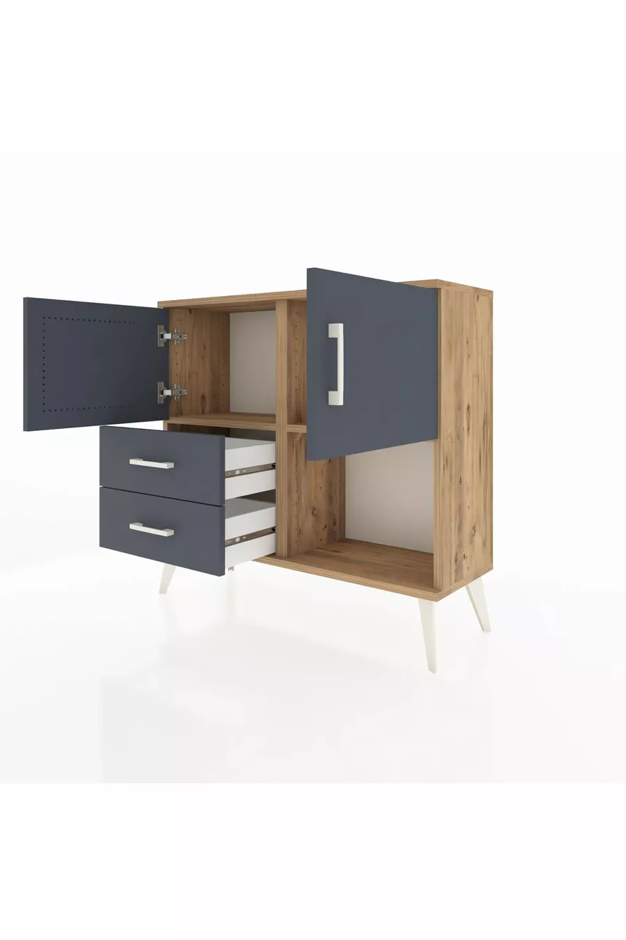Commode Arges 2 étagères 2 tiroirs 2 portes Pin-Anthracite