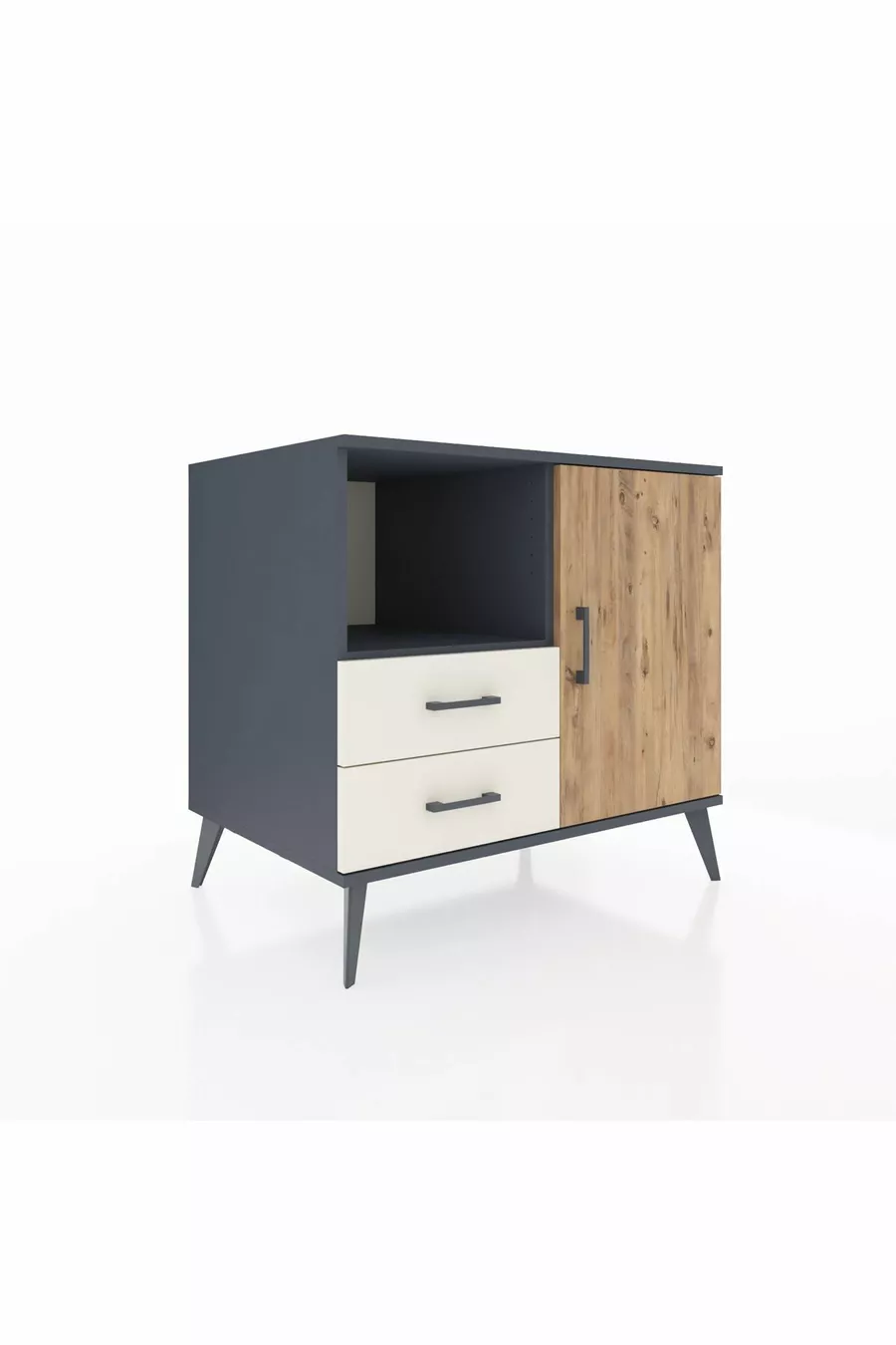 Commode Kronos à 2 étagères, 2 tiroirs, 1 porte, Anthracite-Sapin/Pierre de lune