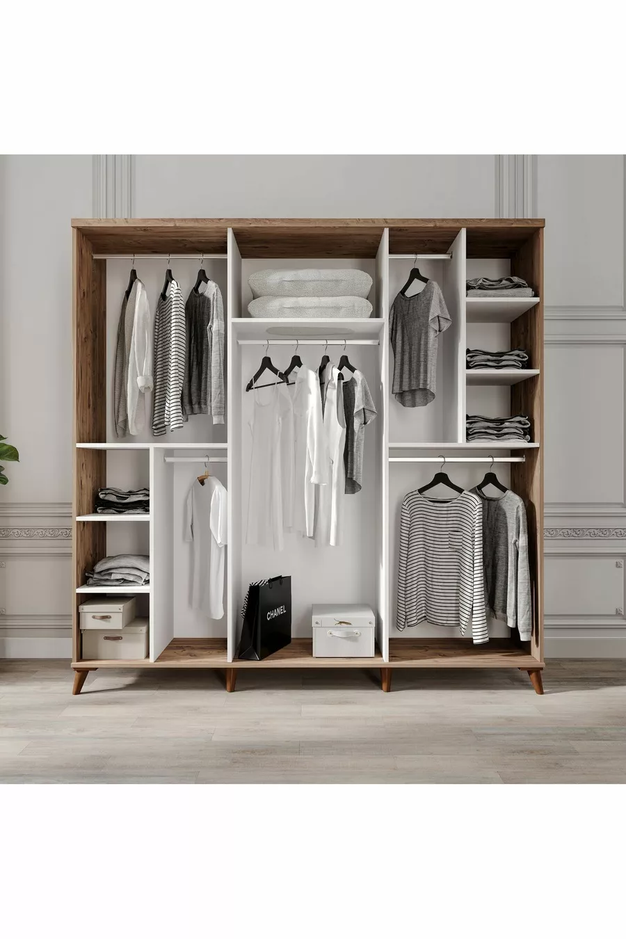 Ensemble de chambre à coucher en MDF complet Paris à 6 portes, pin Atlantique blanc (avec sommier)