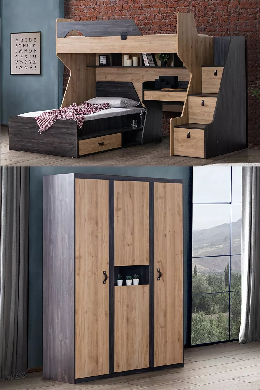 Lits superposés, Lits superposés Naturel avec bureau et armoire à 3 portes