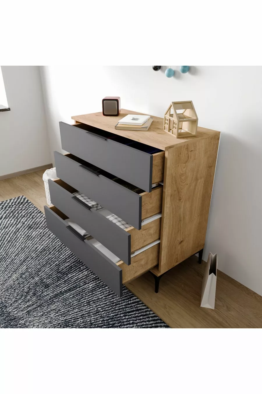 Commode Aden à 4 tiroirs anthracite, chambre à coucher, chambre d'enfant
